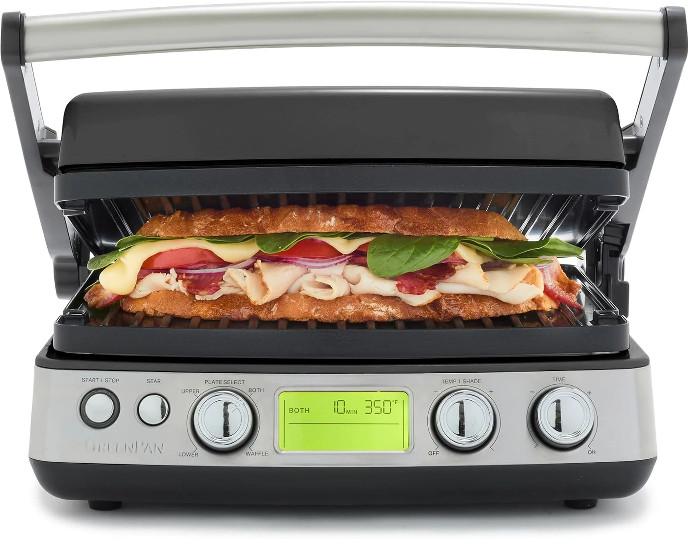 GreenPan Elite 6-in-1 Multi-Function Contact Grill & Griddle, Graphite – sandwich makers who want PFAS-free ceramic reversible plates in a streamlined multi-function contact grill