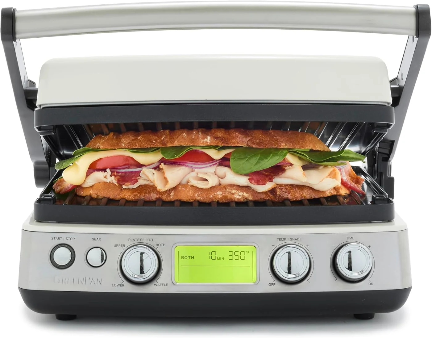 GreenPan Elite 7-in-1 Multi-Function Contact Grill & Griddle, Cream White – buyers who want the most cooking flexibility from a PFAS-free ceramic press, including closed-press and open-flat cooking