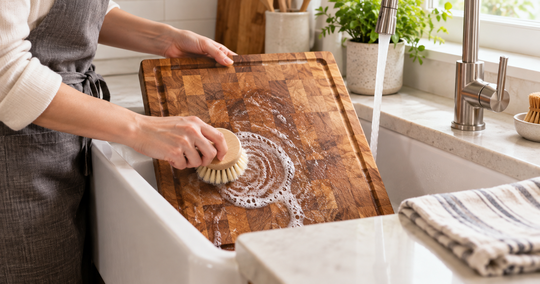 Wooden cutting board being cleaned with warm, soapy water at a kitchen sink