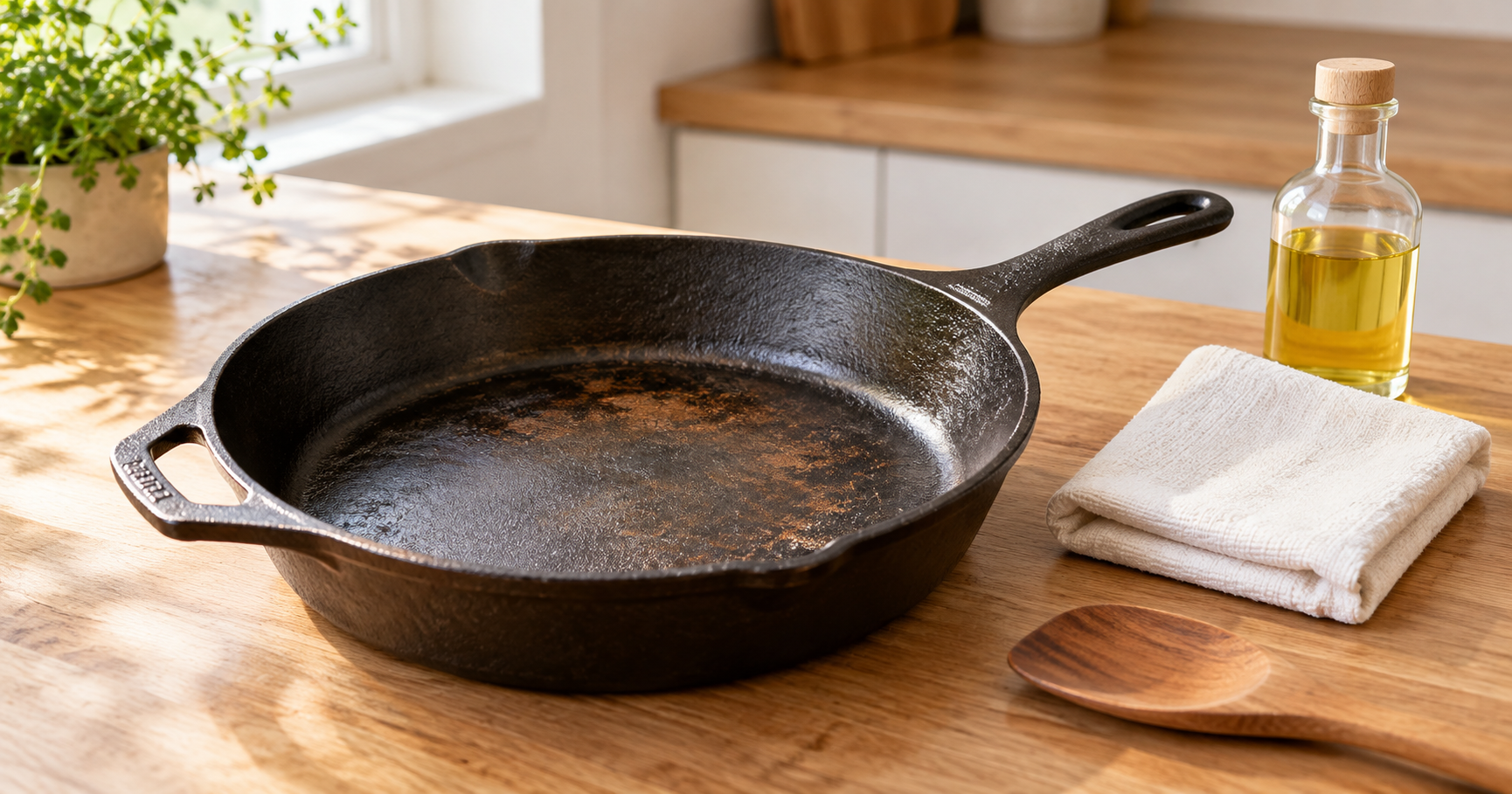Cast-iron skillet with light surface rust beside oil and a lint-free cloth on a kitchen counter